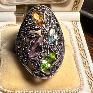 Vintage 925 Large Multi Stone green, purple, yellow & green cocktail ring Size 6